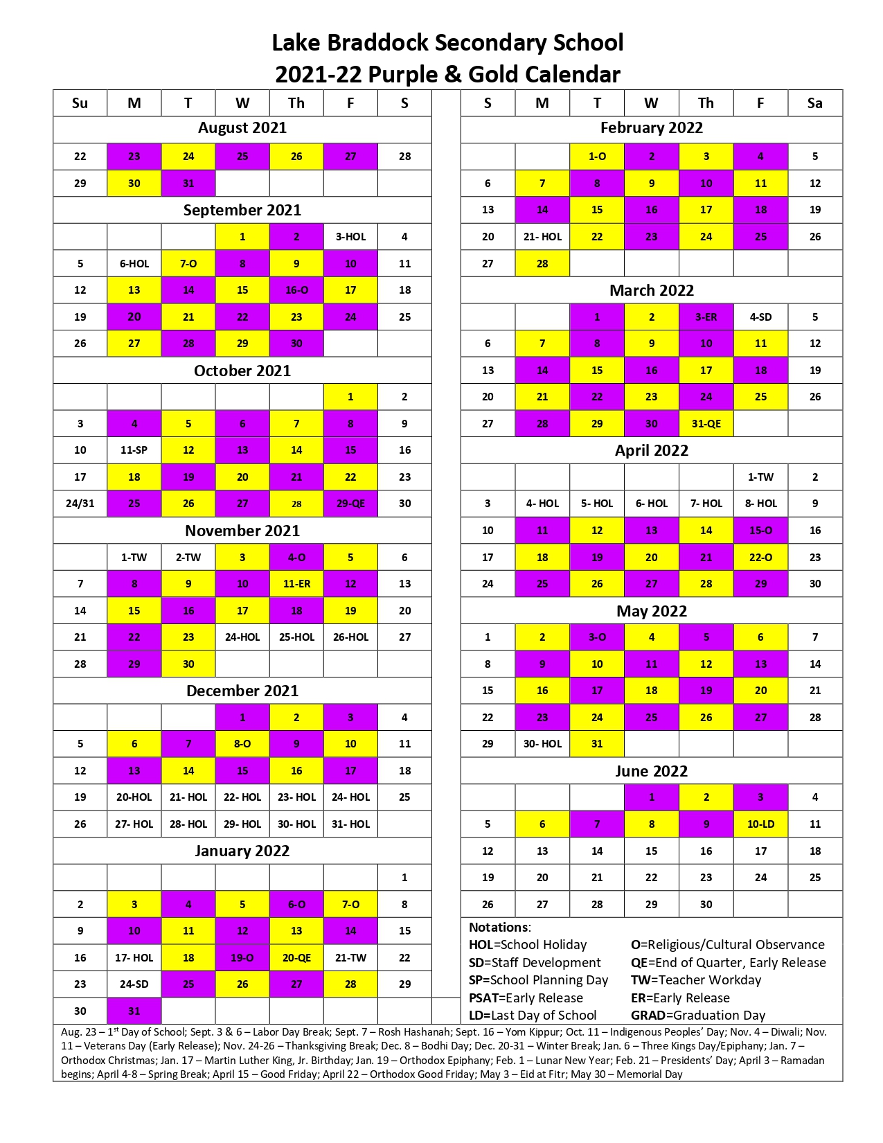 Fcps 2022 2023 Calendar Purple And Gold Calendar | Lake Braddock Secondary School