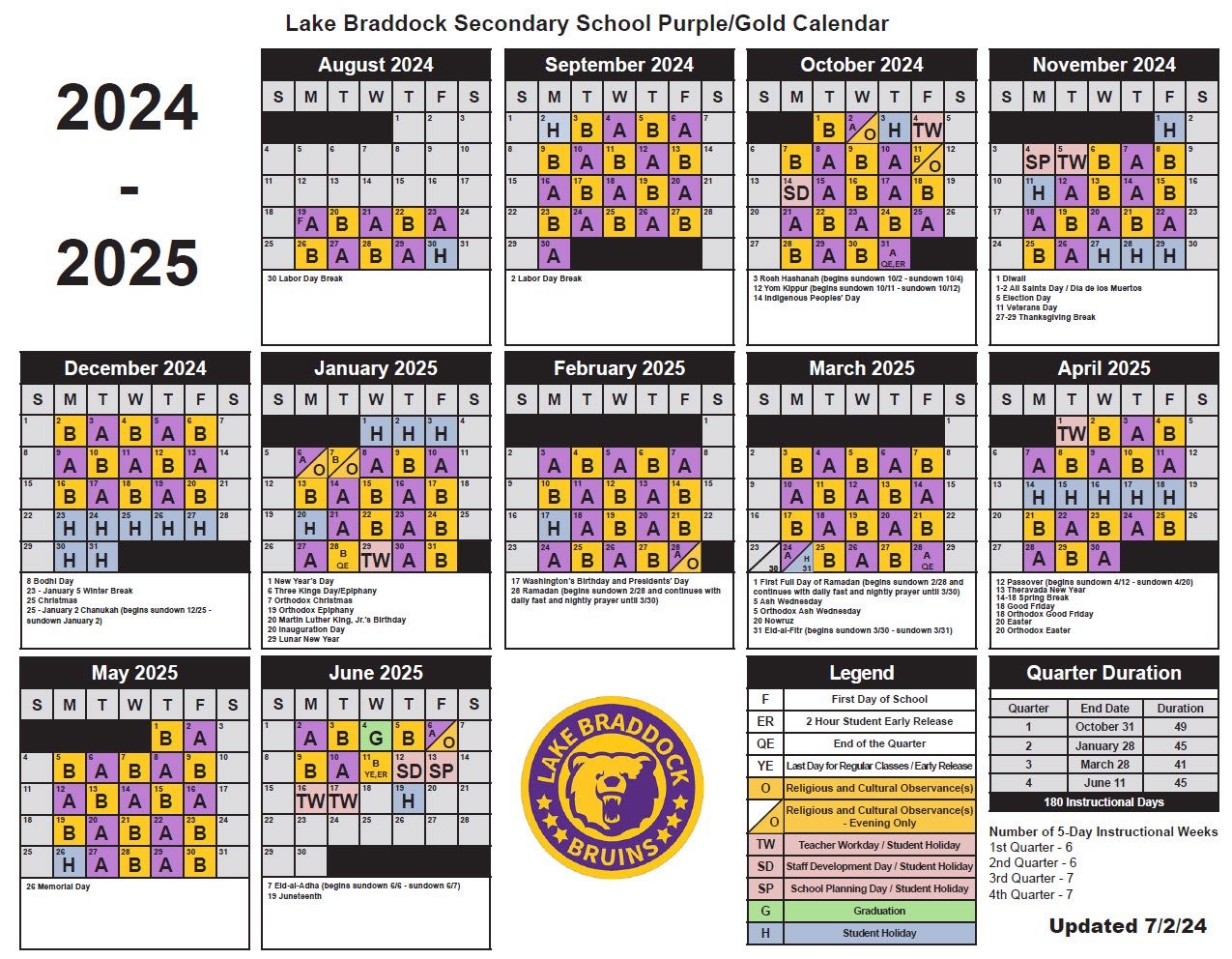 2024-25 Purple Gold Calendar